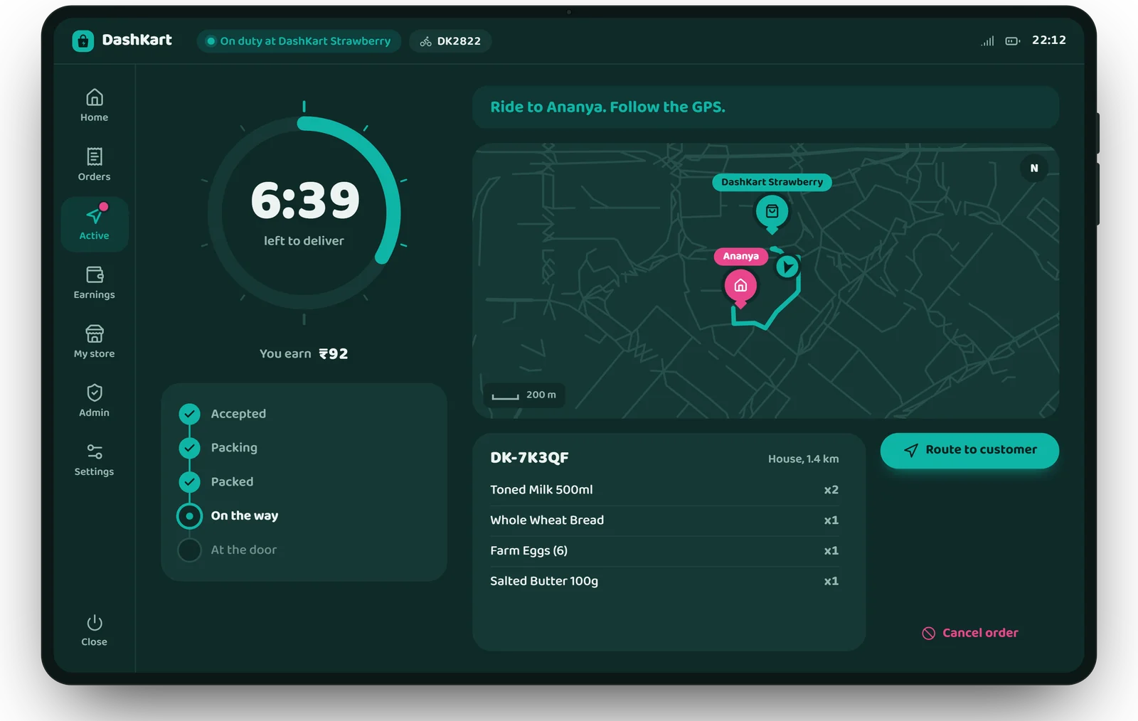 DashKart tablet showing an active order with the 10-minute dial, a live route map and the order slip